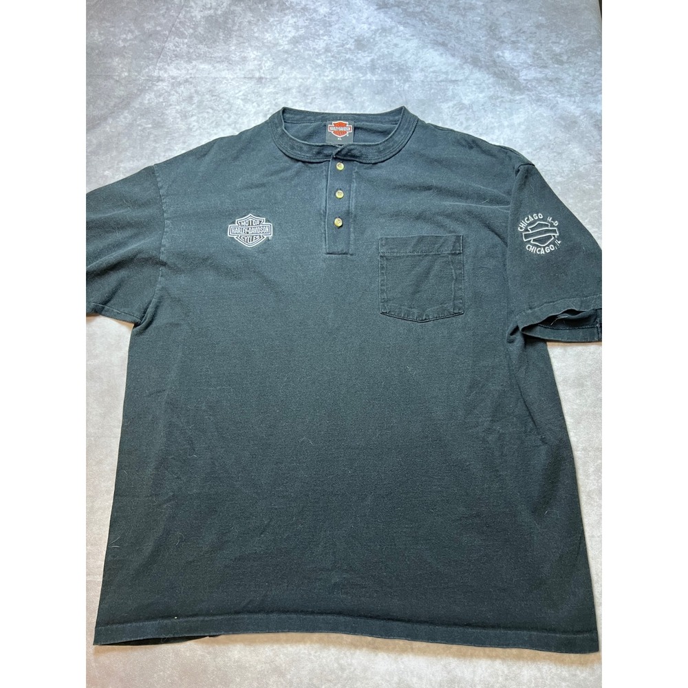 Harley-Davidson Men XL Black Chicago Henley Pocket Shirt Short Sleeve Biker Tee